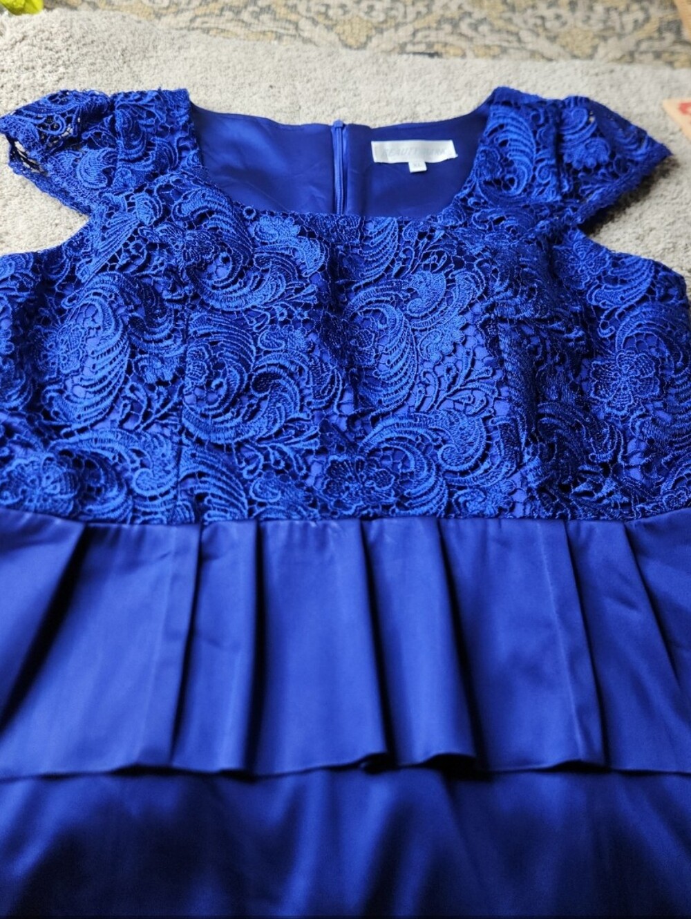 Women's Royal Blue Floral Lace Top And Pleated Peplum Waist Dress Beauty Mark XL
